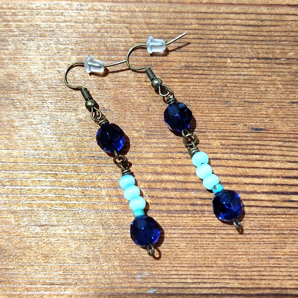 *5 For $20***Dark Blue and Light Blue Beaded Dangle Ladies Earrings, Handmade